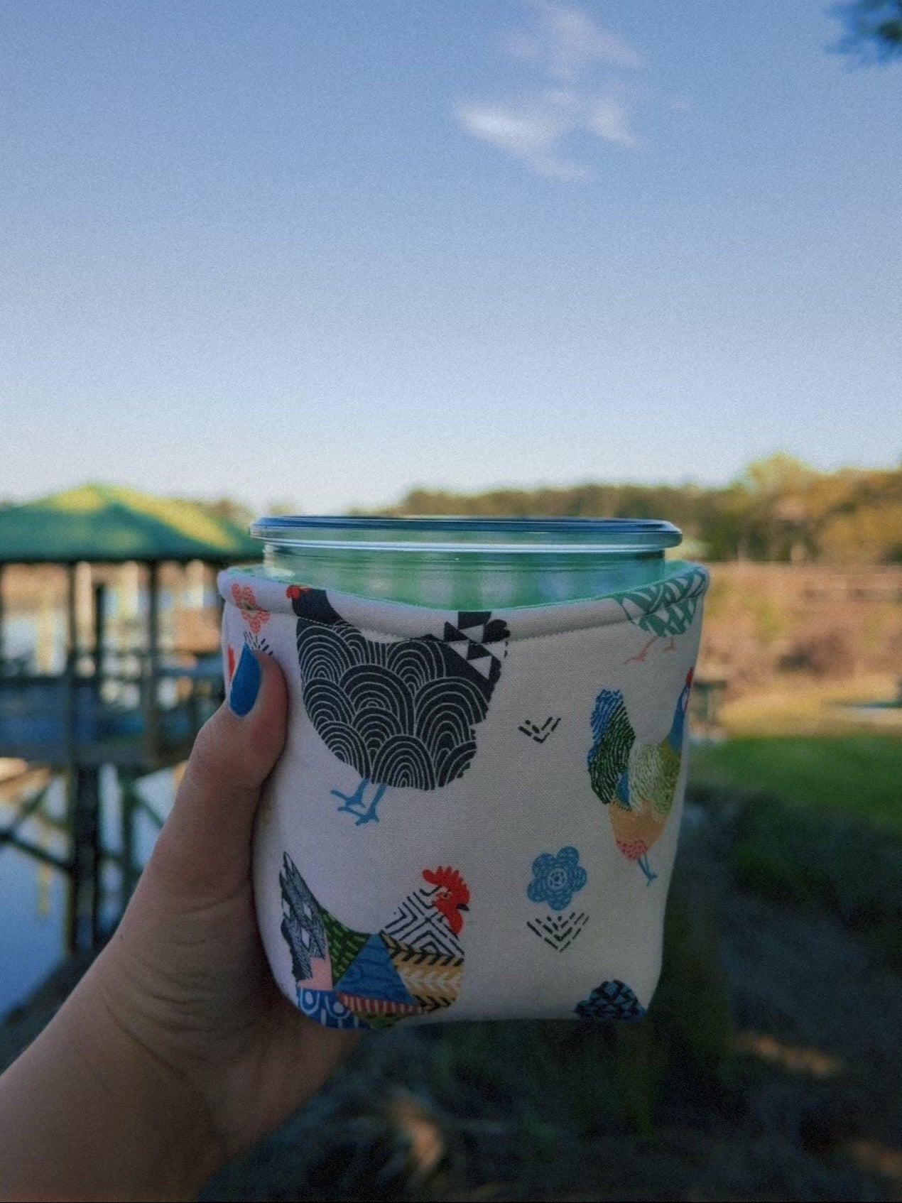 Reversible Patterned Chickens Weck Jar Coozie