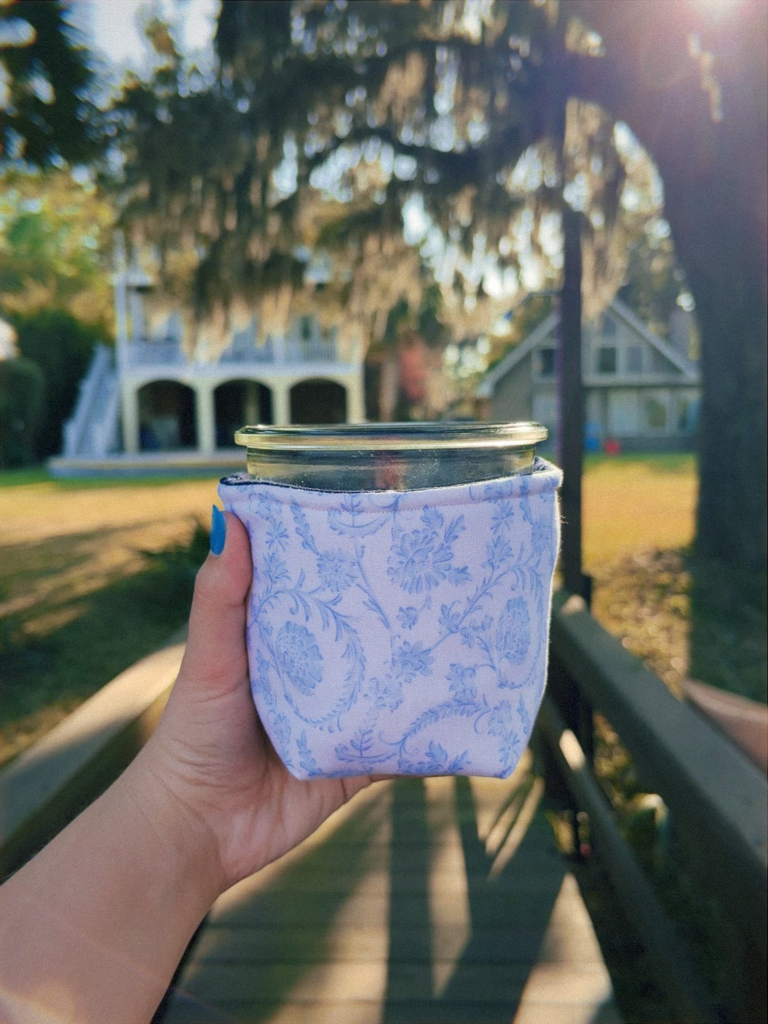 Reversible Blue Floral Weck Jar Coozie