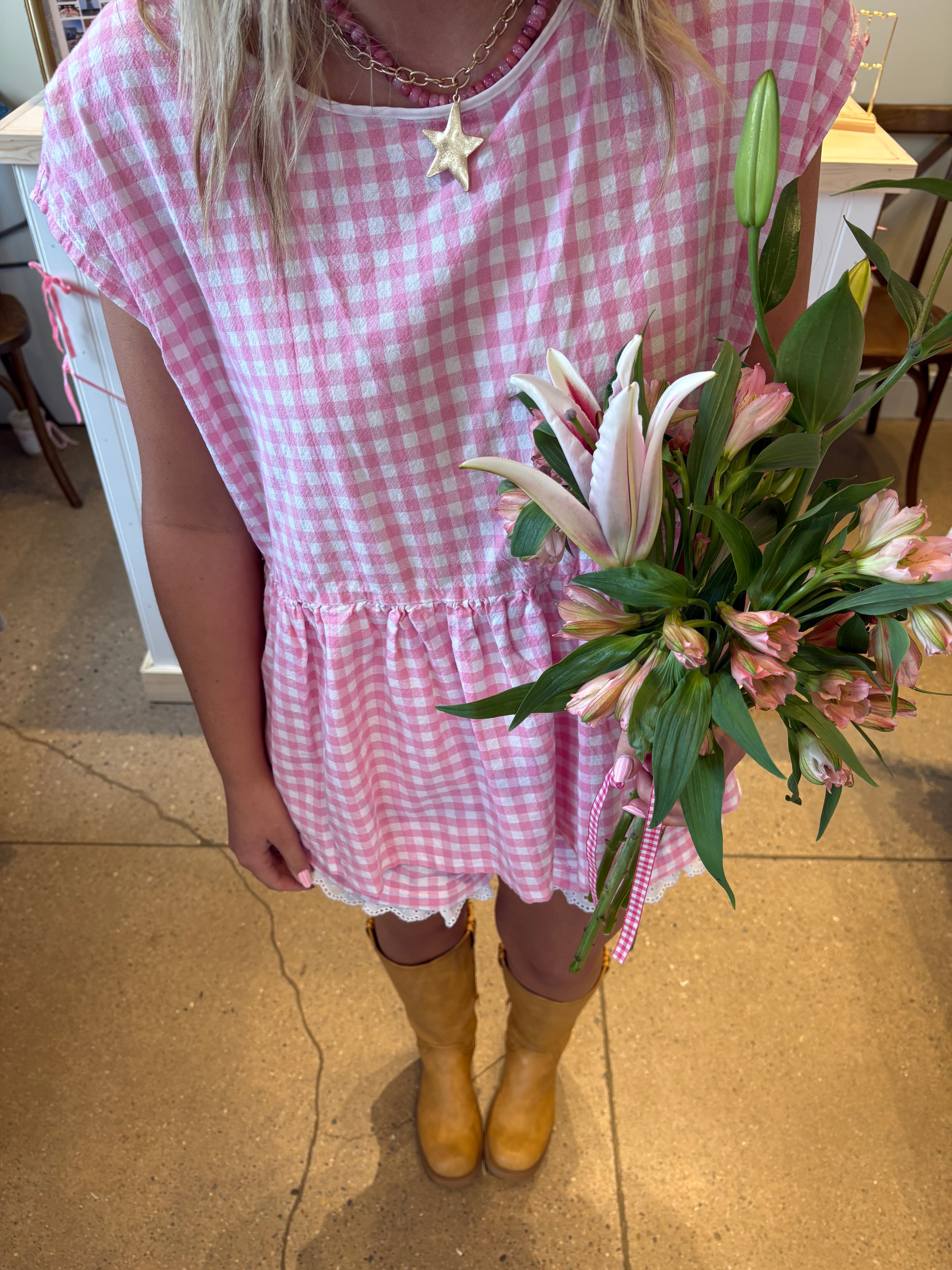 Oversized Pink Gingham Ruffle Top