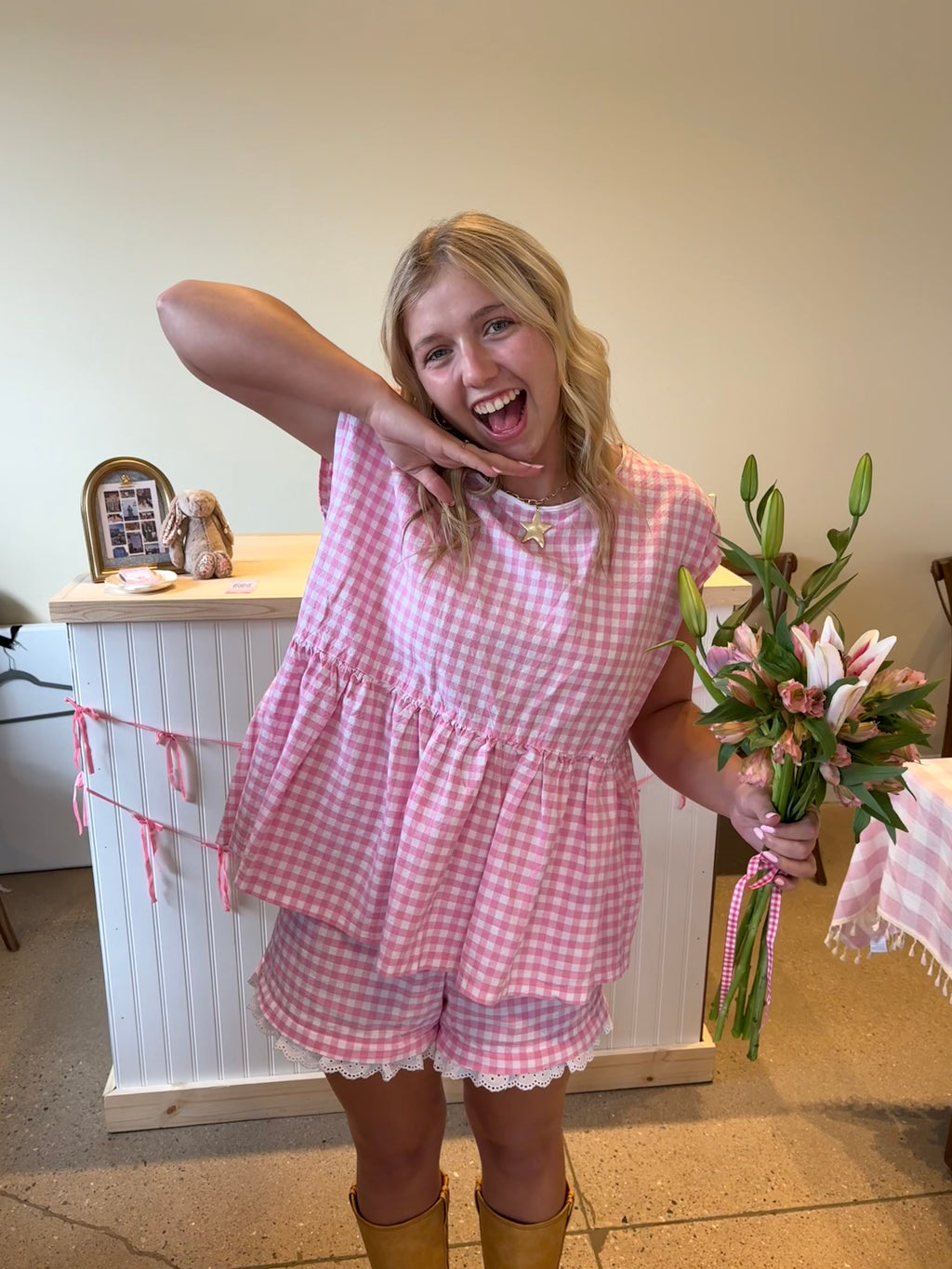 Pink Gingham Ruffle Shorts