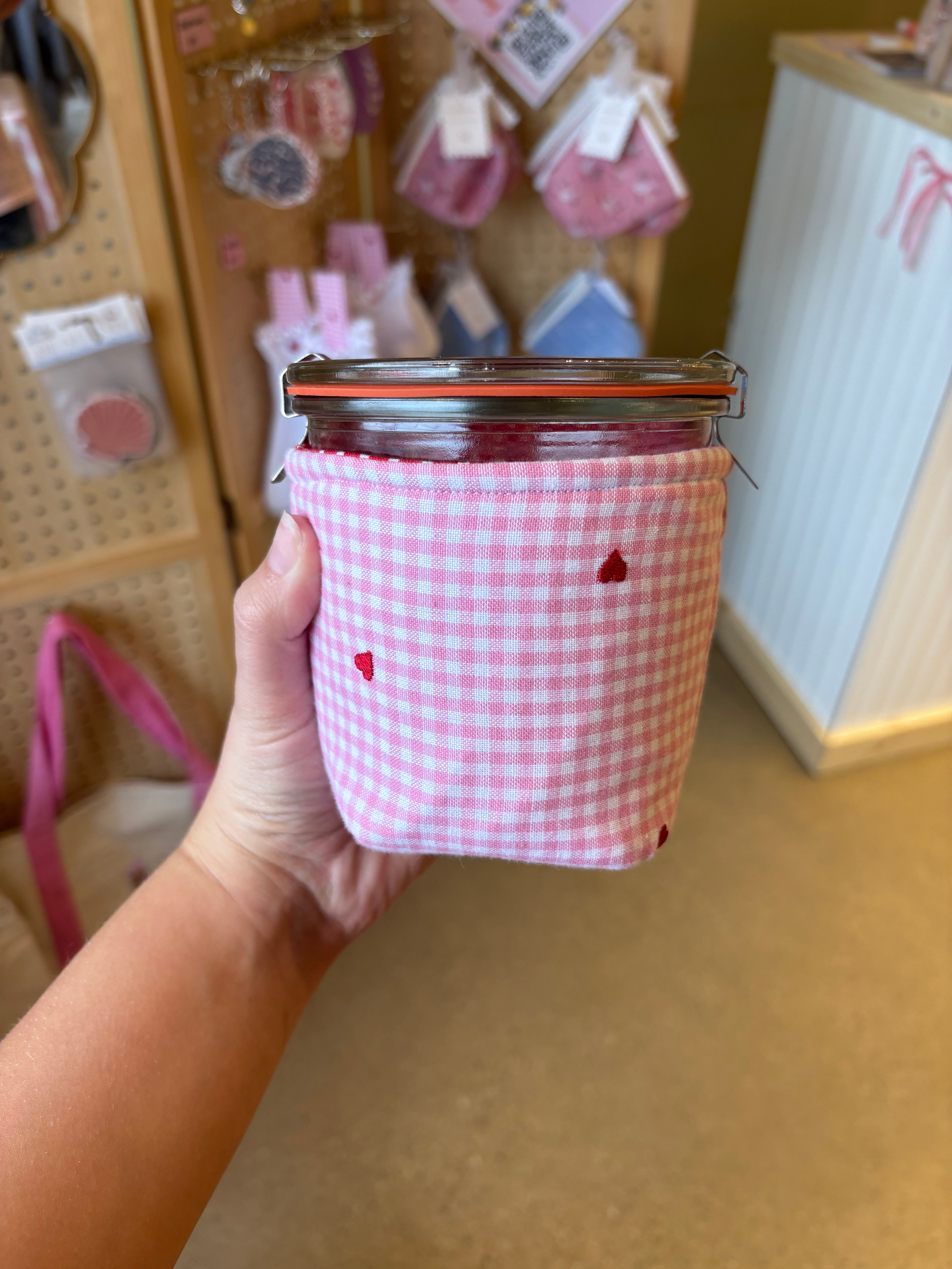 Reversible Gingham Heart Weck Jar Coozie