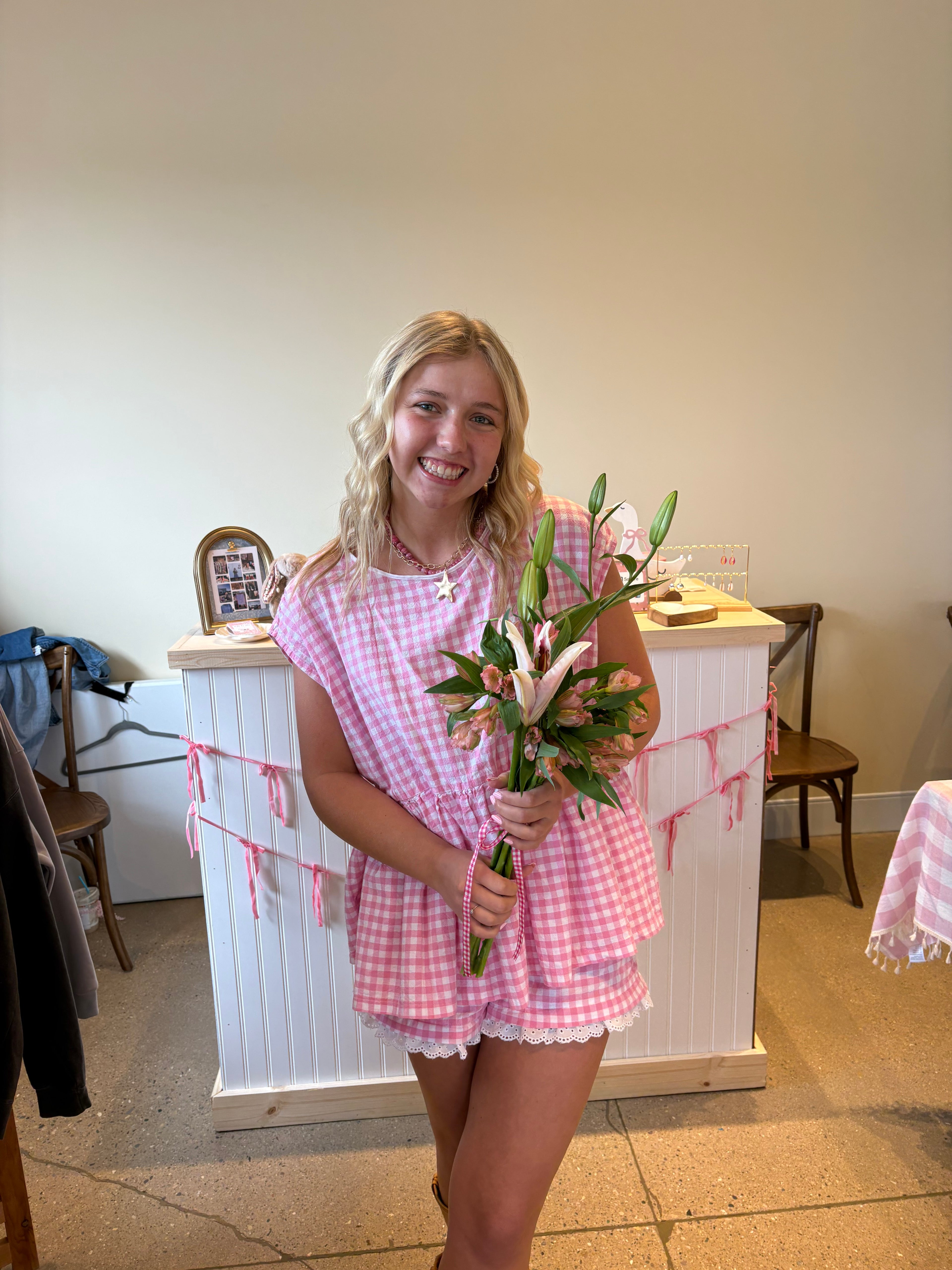 Oversized Pink Gingham Ruffle Top