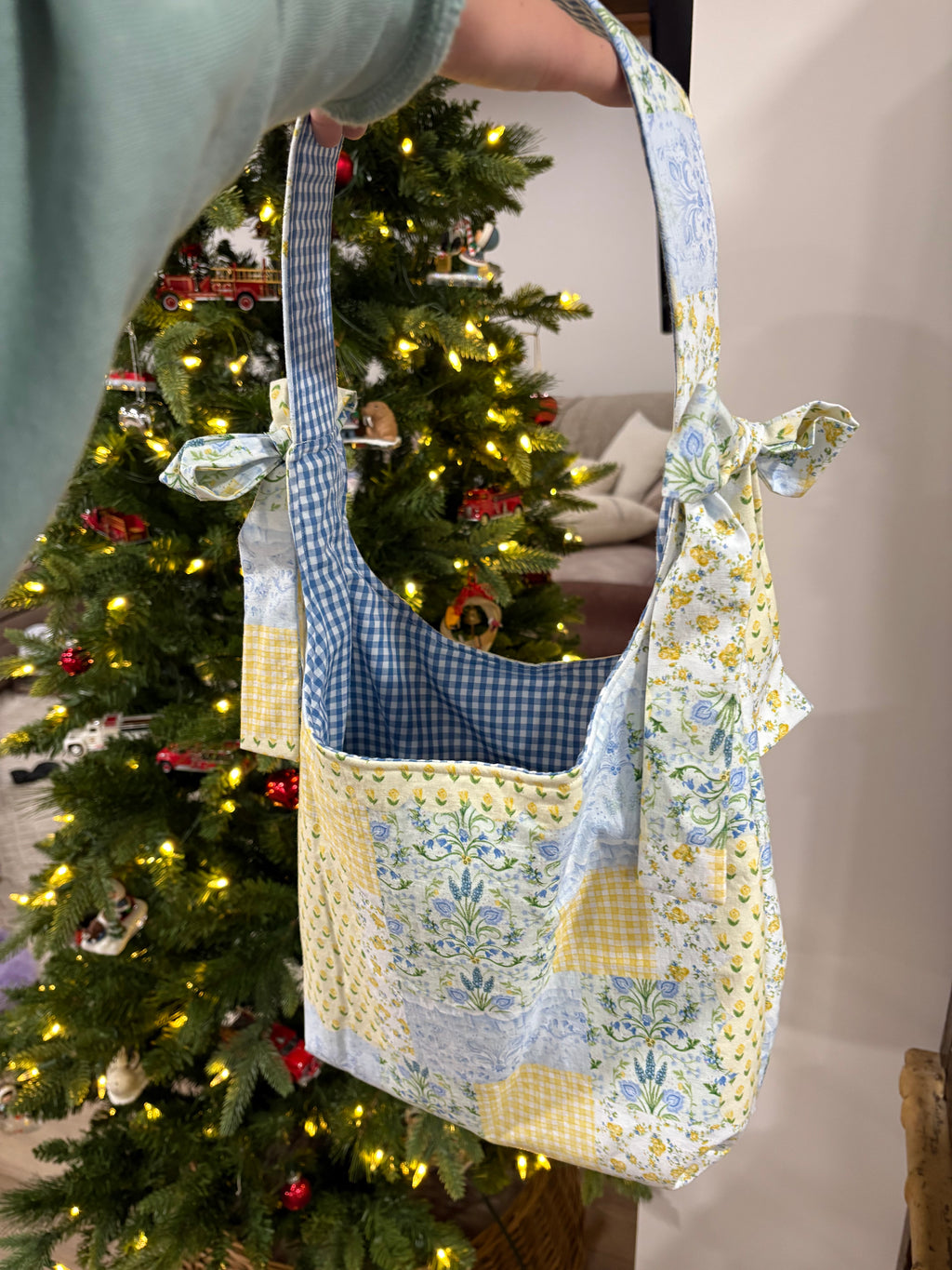 Blue Patchwork Bow Tote Bag