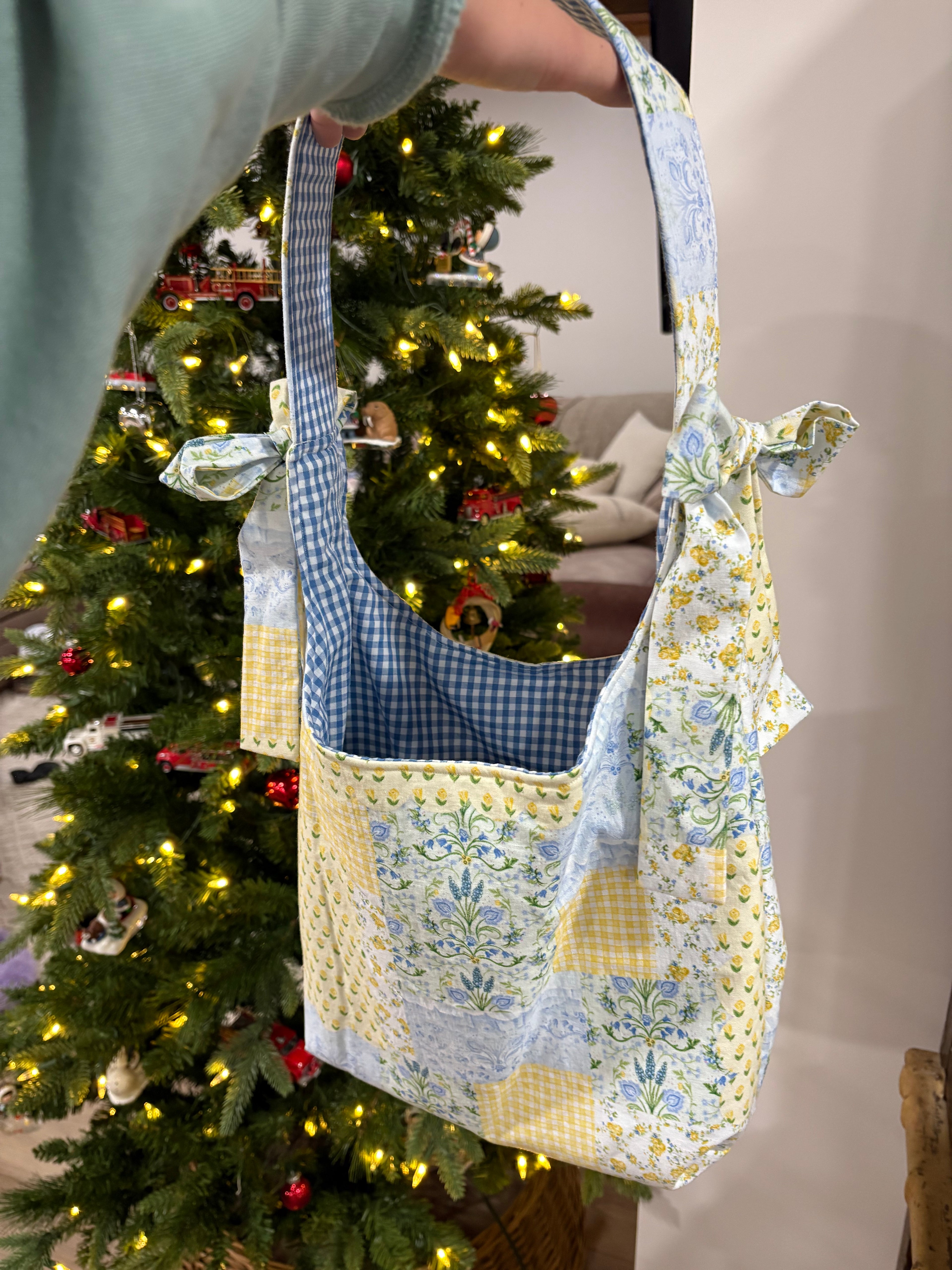 Blue Patchwork Bow Tote Bag