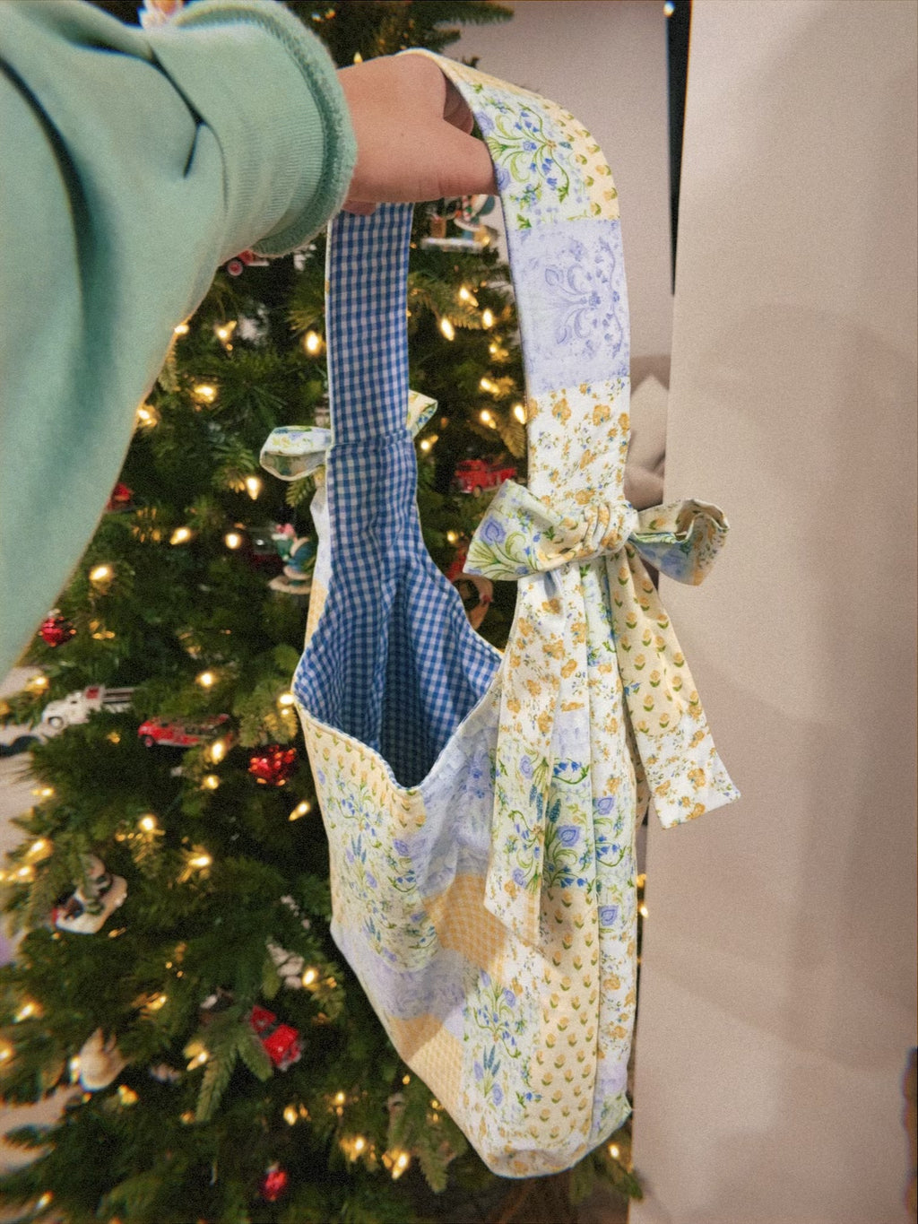 Blue Patchwork Bow Tote Bag