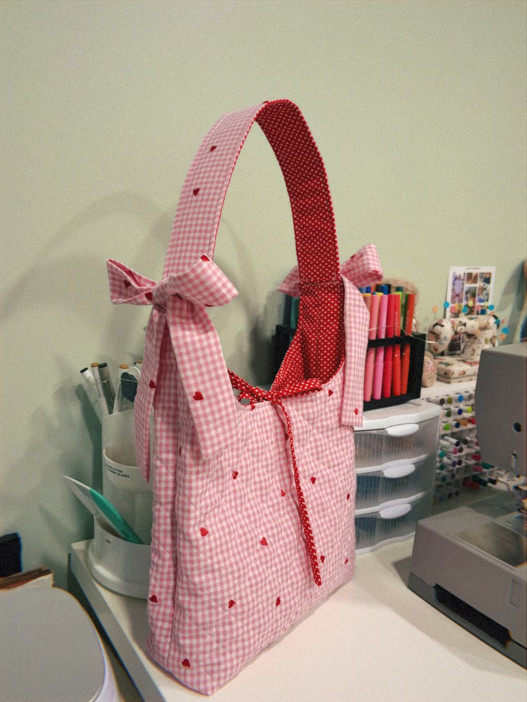 Quilted Heart Bow Tote Bag